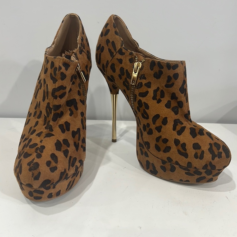Leopard Faux Suede Shoe Booties. Heel height 4.5 inches